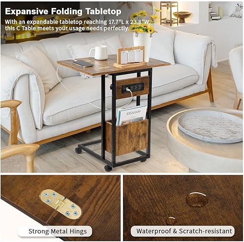 Miniatura 9 de Hadulcet Mesa auxiliar en forma de C con estación de carga y mesa plegable, mesa plegable para TV con almacenamiento, bandejas de TV rodantes, mesa