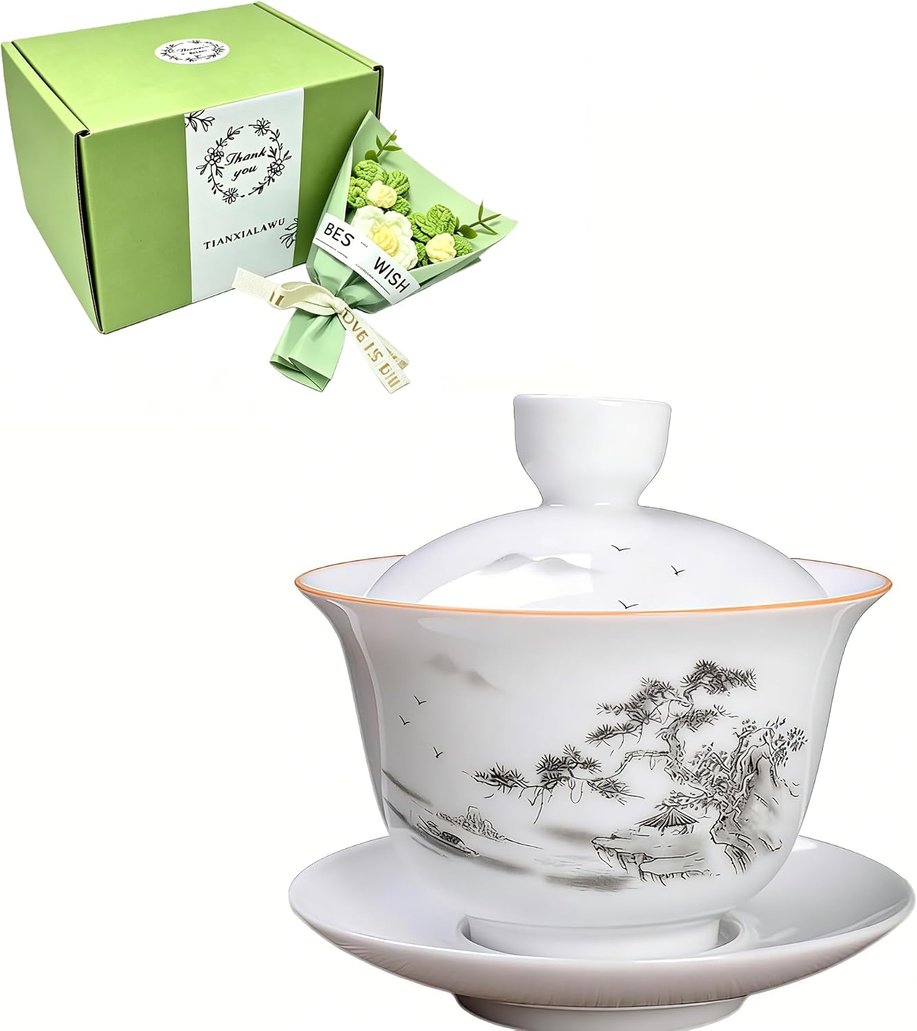Jingdezhen Chinese Porcelain Gaiwan Handmade 5.07oz/150ml Kungfu Teacup White Glazed Tureen Chinese Sancai Cover Bowl Lip Cup Saucer Set Traditional Teaware Tea Set (Scenery)