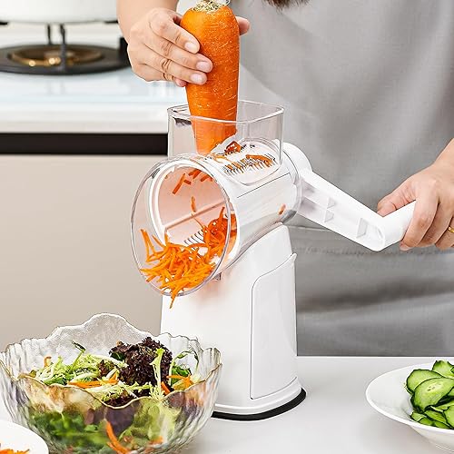 Miniatura 8 de Rallador giratorio de queso, manivela de mano, cortador de verduras de mandolina 5 en 1, 5 juegos de cuchillas, base de succión fuerte y fácil de