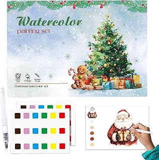 Cahier d'exercices à l'aquarelle – Ensemble de peinture de Noël avec pinceau | 20 illustrations de vacances, livre d'art adapté aux débutants | Activité créative relaxante en hiver pour les adolescent