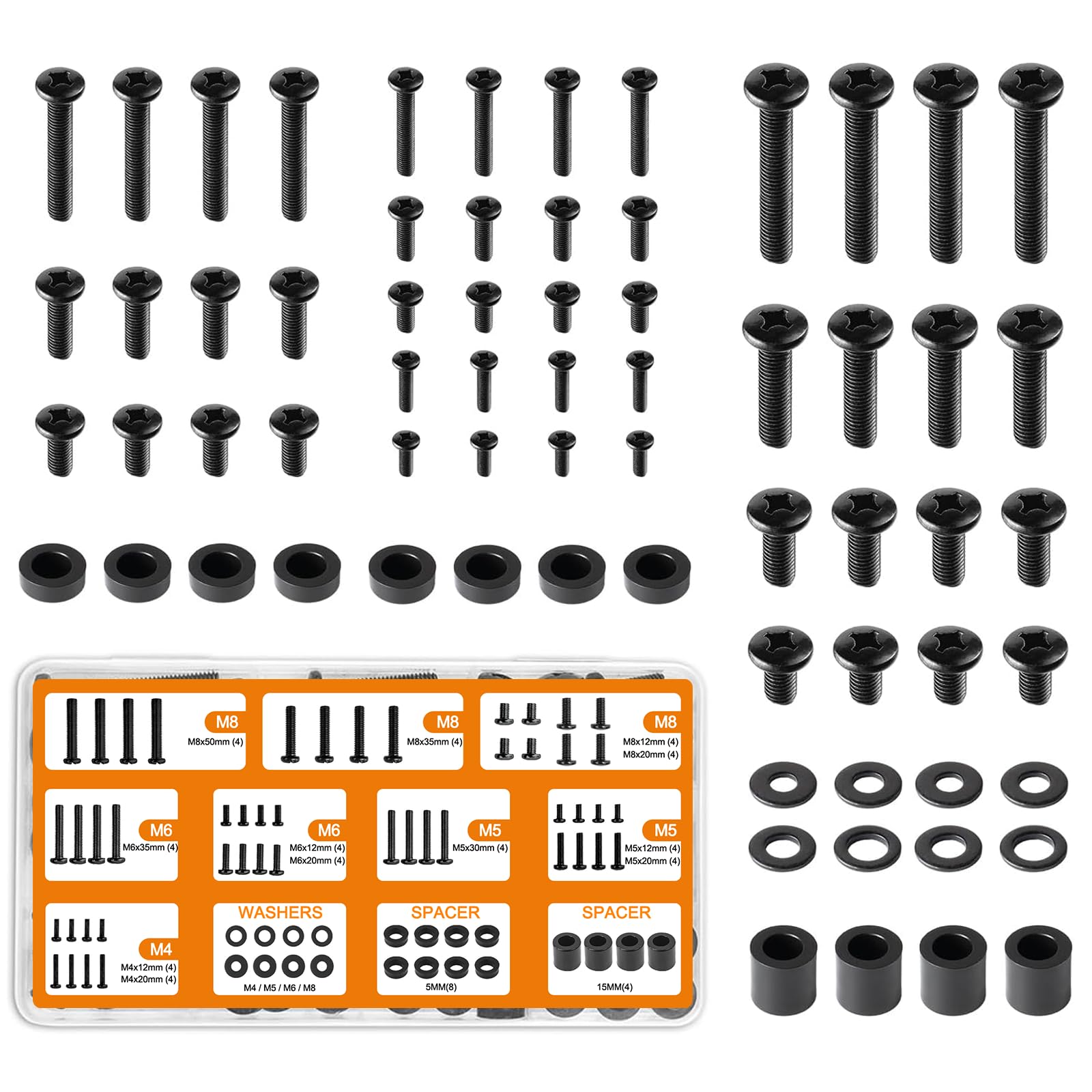 Universal TV Mounting Hardware Screw Kit Set with Box - M4 M5 M6 M8 Screws, Washers & Spacers, Replacement Screws for TV VESA Mounting, Fits Most TV/Monitor up to 80 inch, Strong & Durable