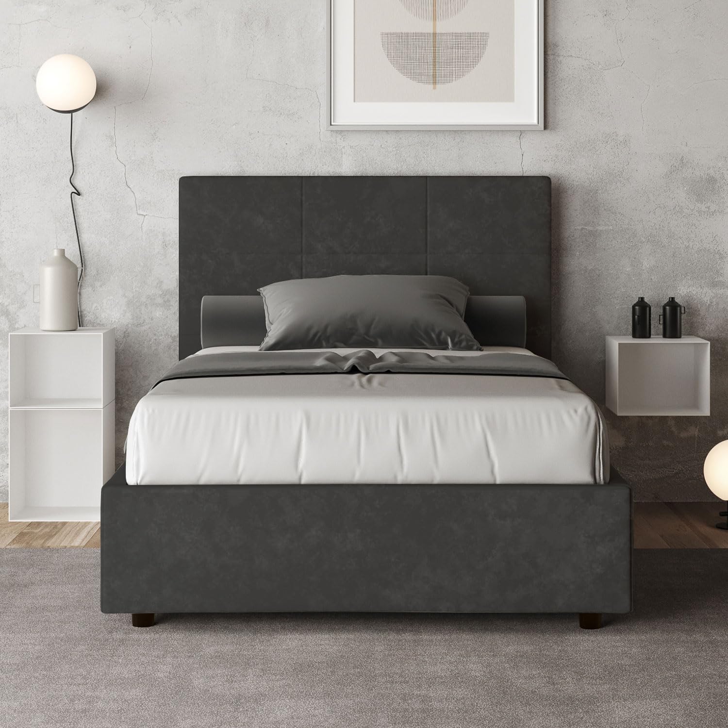 Letto Queen Size in Microfibra Grigio Mika con contenitore imbottito 120x190