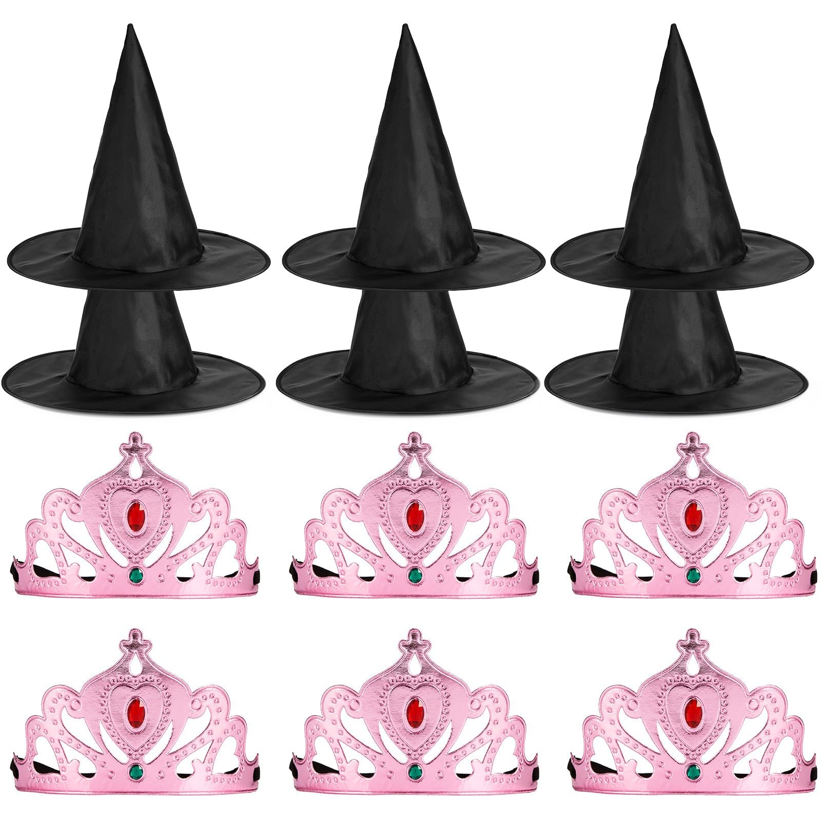 12Pcs Pink Princess Crowns and Black Witch Hats Set Witch Theme Birthday Party Decorations Princess Themed Party Supplies for Magic Birthday