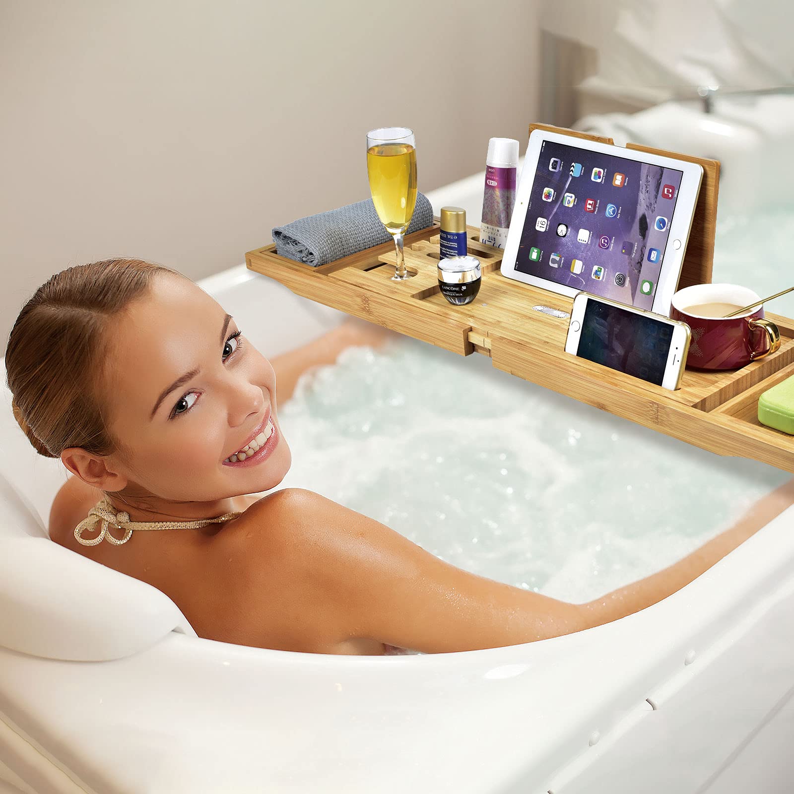 Mensola allungabile in bambù, supporto per bicchieri da vino, portasapone e supporto per iPad