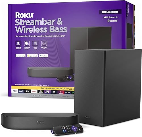 Roku Barra de sonido premium 4K HDR con subwoofer, control remoto por voz, transmisión de TV gratuita y en vivo