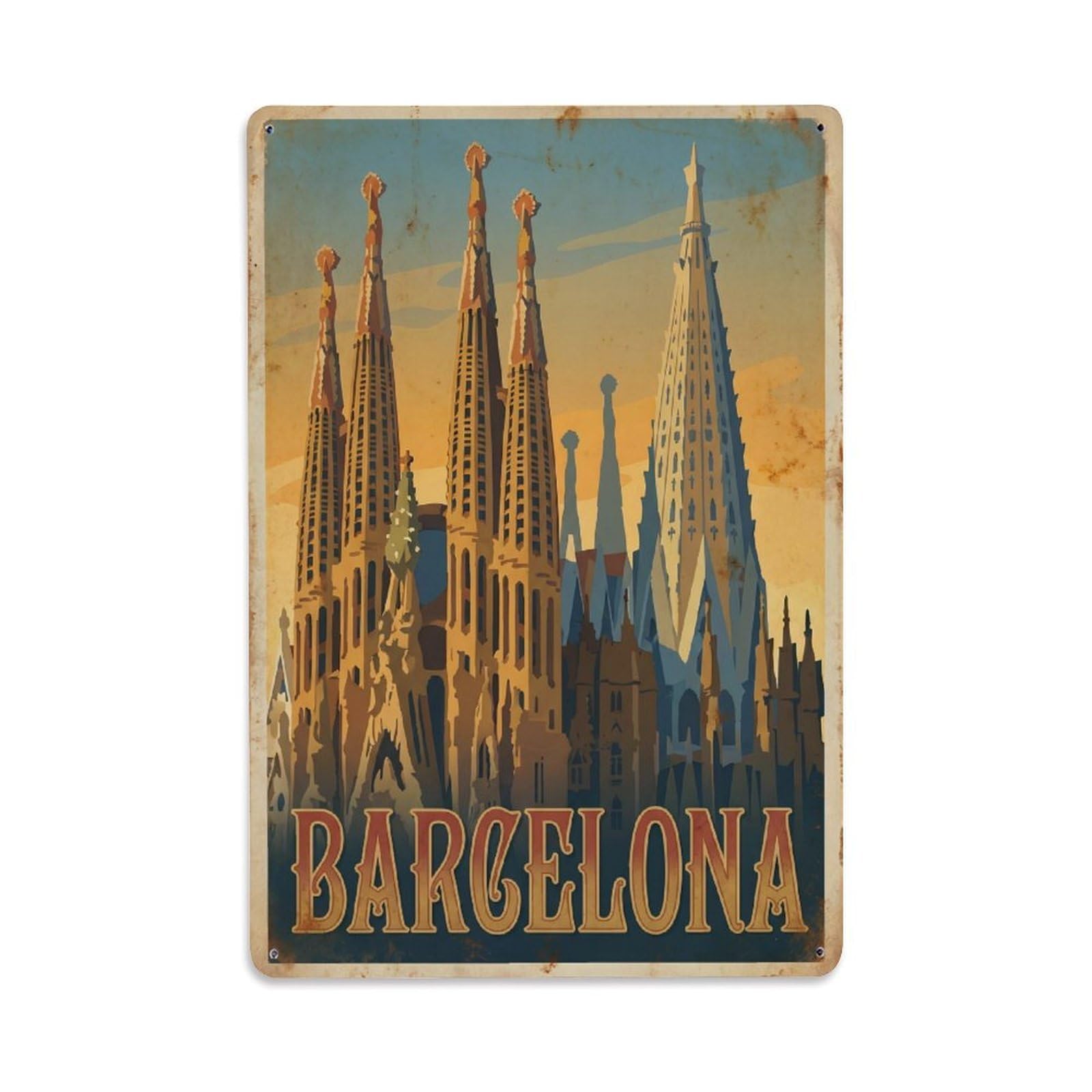 Okngb Style Gothic Classic Architecture Barcelona Catalonia Travel Metal Tin Sign Plaque Wall Decor For Cafe, Man Cave, Club Bar, Office, Home Garden Round Metal Poster 8X12inch