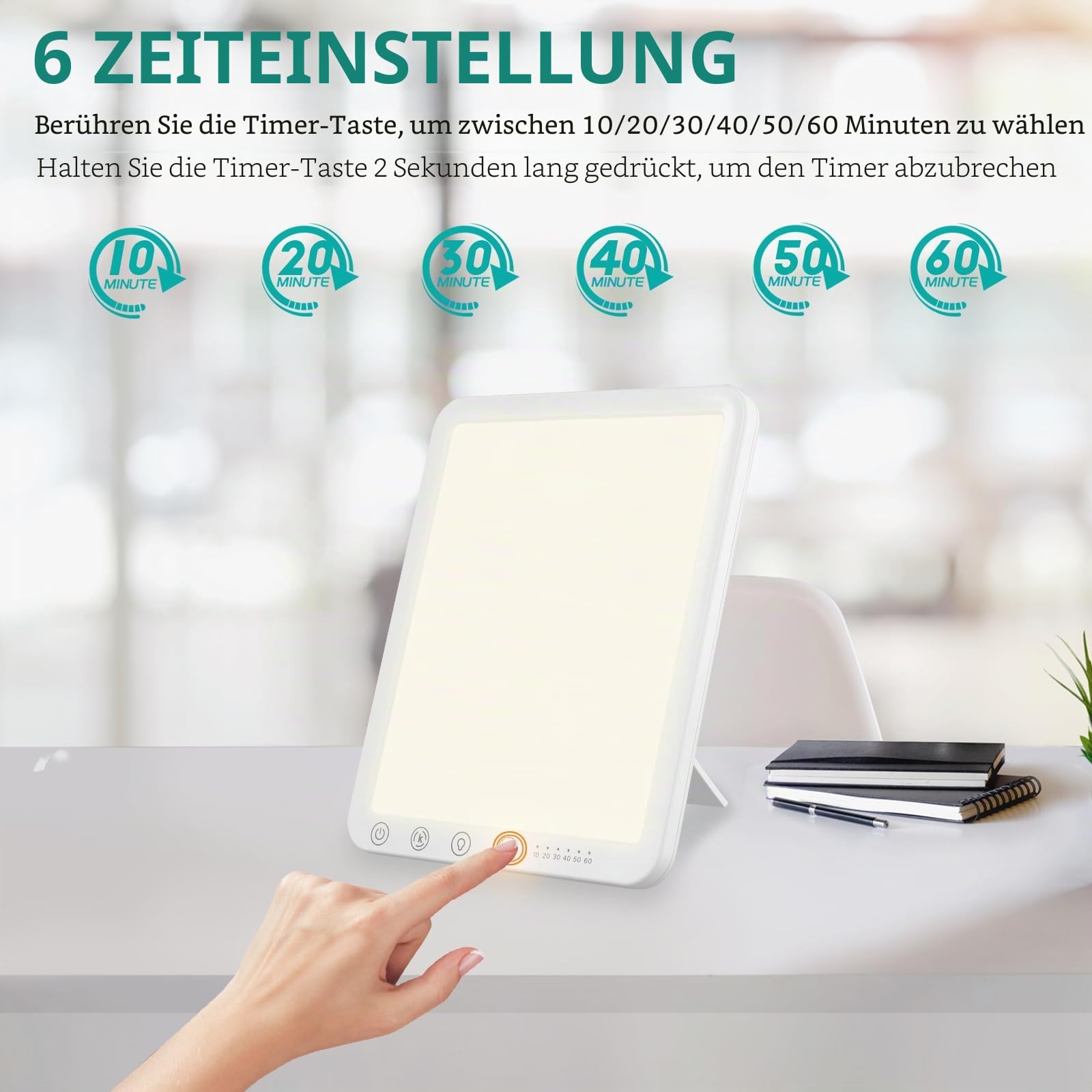 Tageslichtlampe 10000 Lux, LED Lichttherapielampe Tageslicht mit 3 Farbtemperaturen 6 Timer, LED Daylight Lampe, Touch-Control Sonnenlicht Lampe, Vollspektrumlampe für Zuhause/Büro (Rechteck)