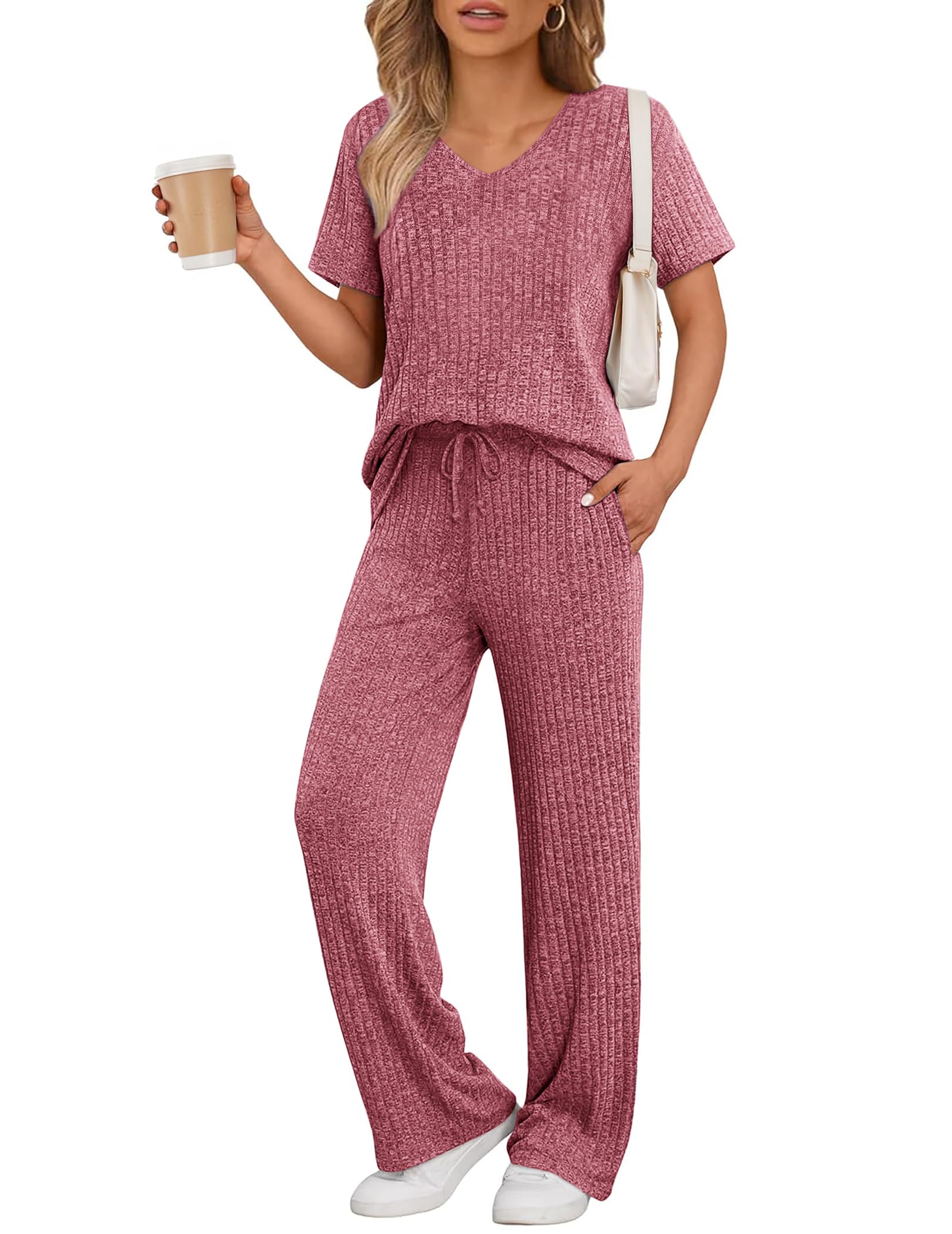 JiniGolla Women's Ribbed Knit Pajama Set 2 Piece Matching Pj Set Short Sleeve Top and Pants Lounge Set with Pockets