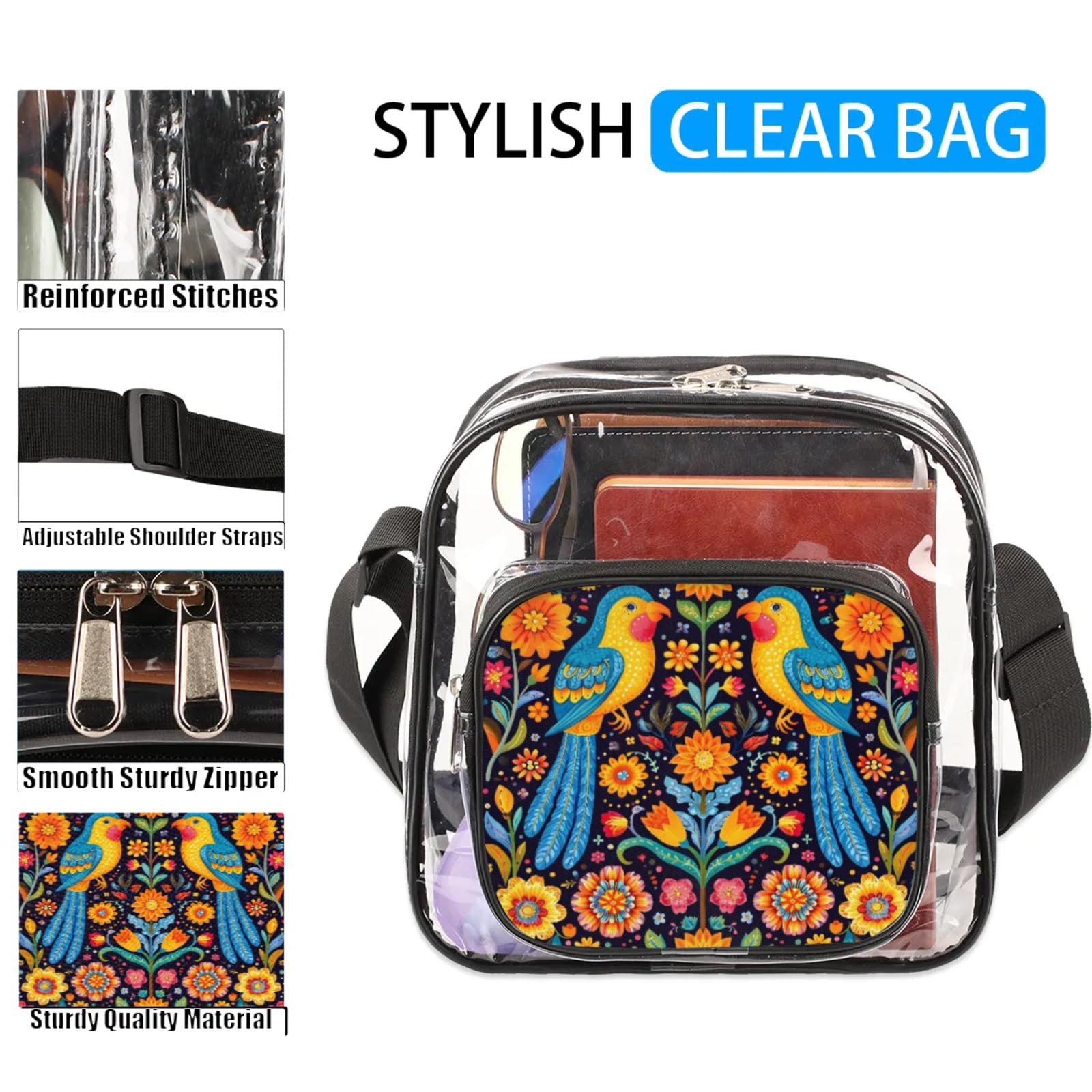 Clear Crossbody Bag Stadium Approved Birds Transparent Bag for Festivals, Sports Events, Concerts,Beach Bag for Women Men Abstract Bird Clear Purse with Front Pocket Messenger Bag