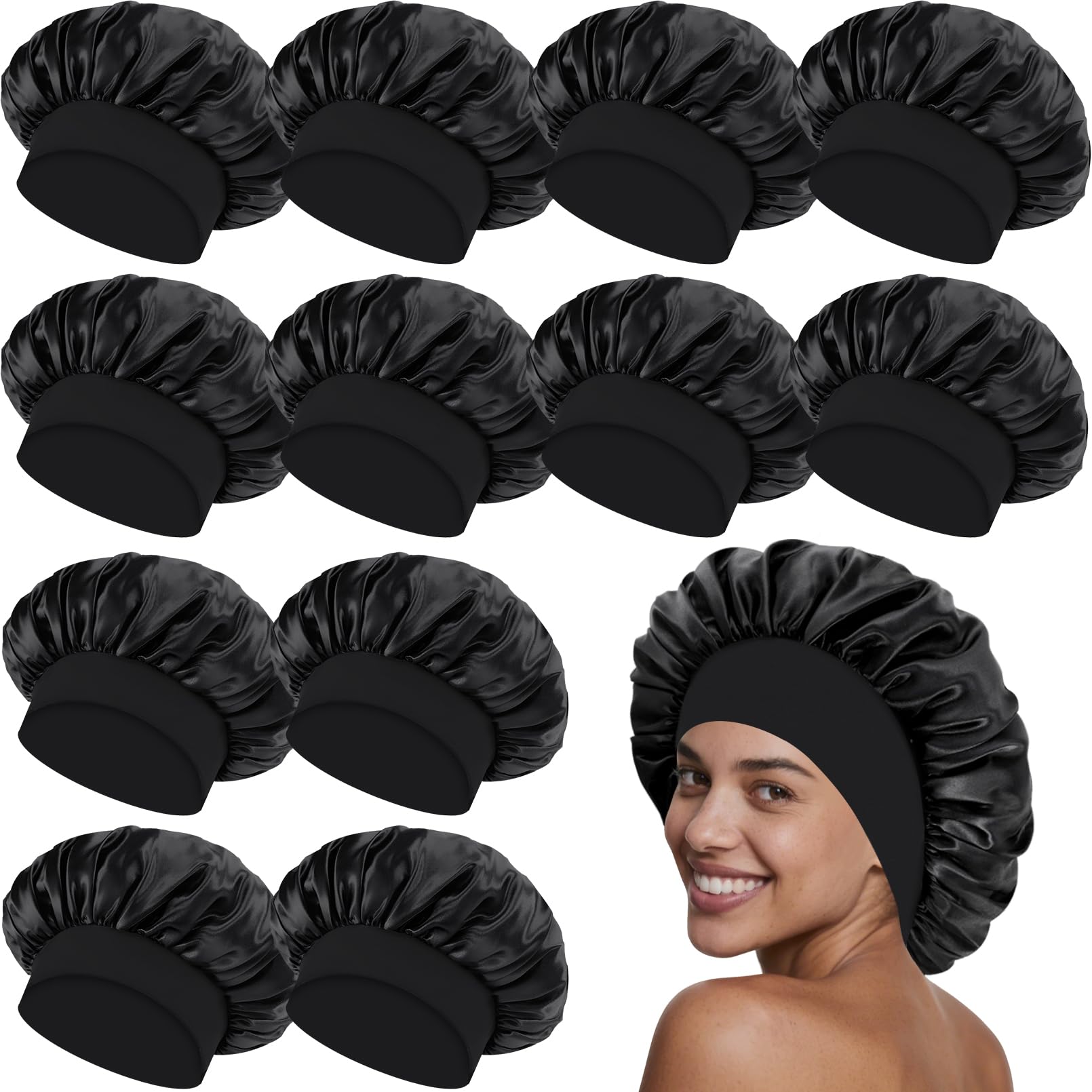 12 cuffie in raso per dormire, con fascia elastica larga, per donne, trecce, capelli ricci, nero