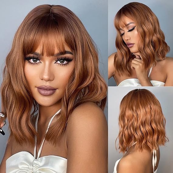 HAIRCUBE 14 Inch Short Curly Red Brown Copper Ginger Bob Wigs for Women
