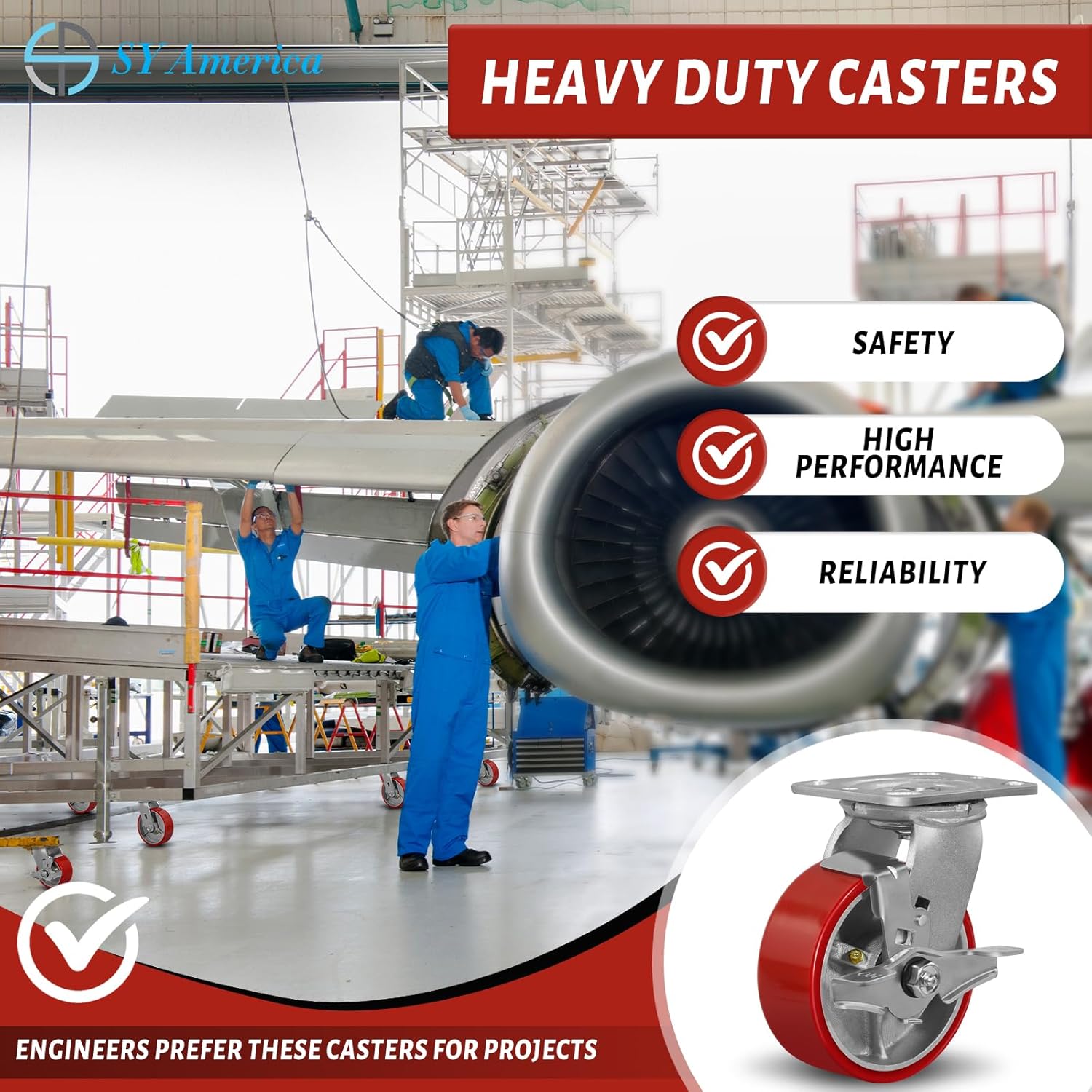 SY America 5" X 2" Caster Wheels - Heavy Duty Industrial Casters, Non-Marking Polyurethane on Silver Cast Iron Core Wheel - 2 Rigid 2 Swivel Top Lock Brake,4000 lbs Capacity Set of 4