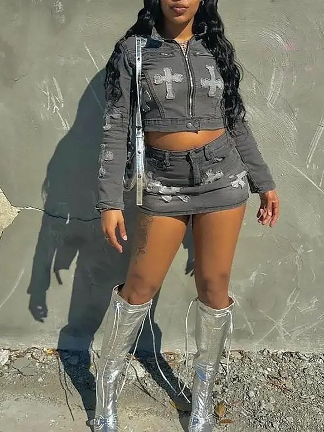 Denim Skirt Sets Women 2 Piece Outfits Long Sleeve Zip Up Cropped Jacket Bodycon Mini Jean Skirt Set - Image 4