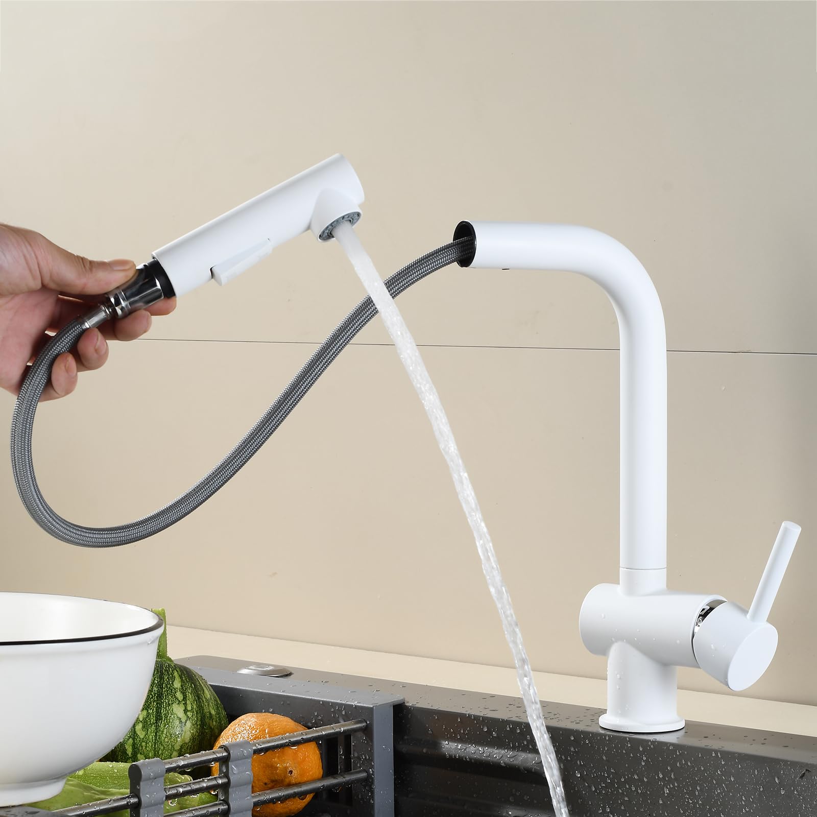 Miscelatore Cucina Estraibile Rubinetto Cucina con Doccetta Girevole a 360° Maniglia Singola Acqua Fredda e Calda 2 Modalità Rubinetto Lavello Cucina Estraibile-Bianco