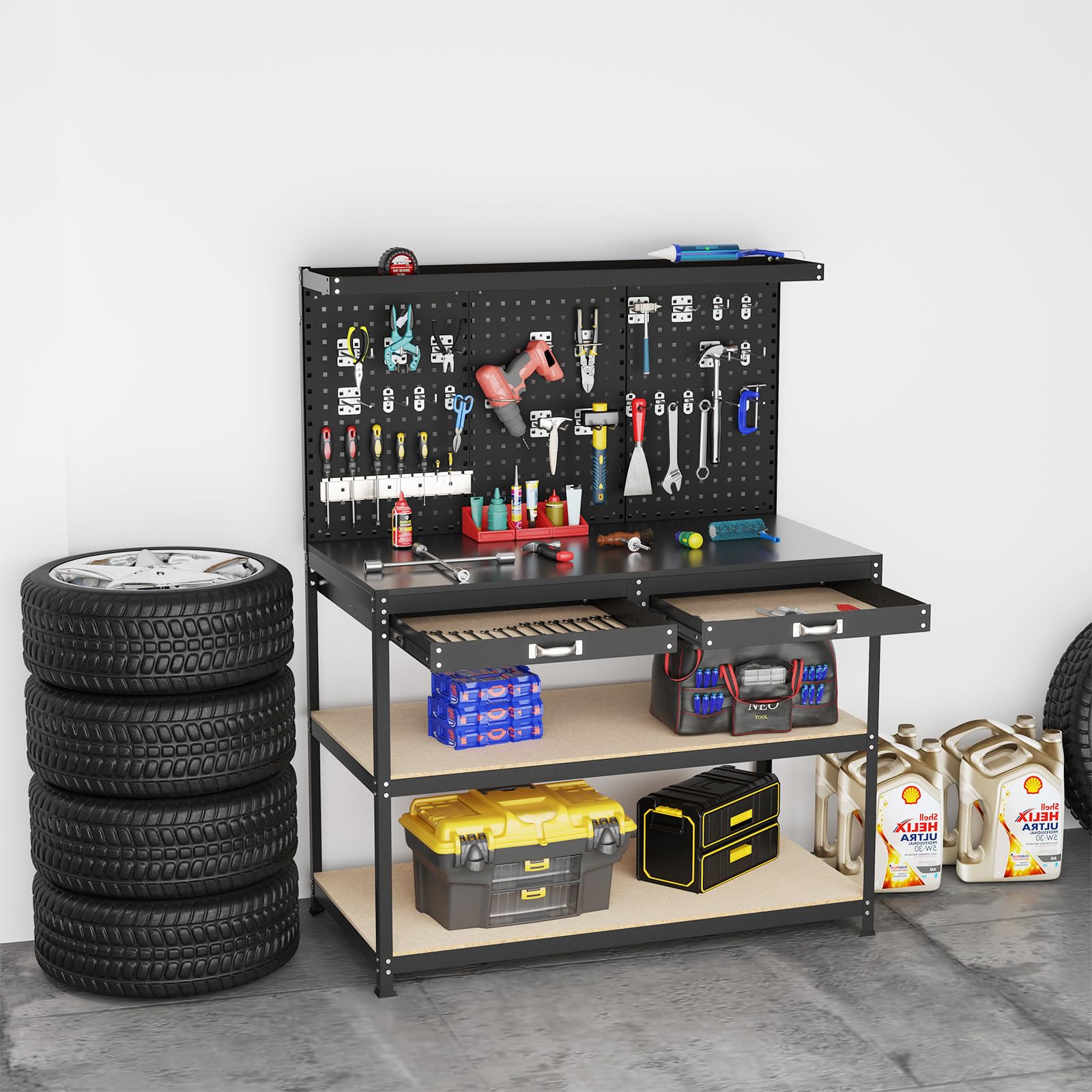 COSTWAY Banco da Lavoro con Piano da 120 x 60 cm, Banco da Lavoro Officina con Pannello Forato e 24 Ganci Porta Attrezzi, Tavolo da Lavoro per Garage con 2 Cassetti e 2 Mensole (Nero)