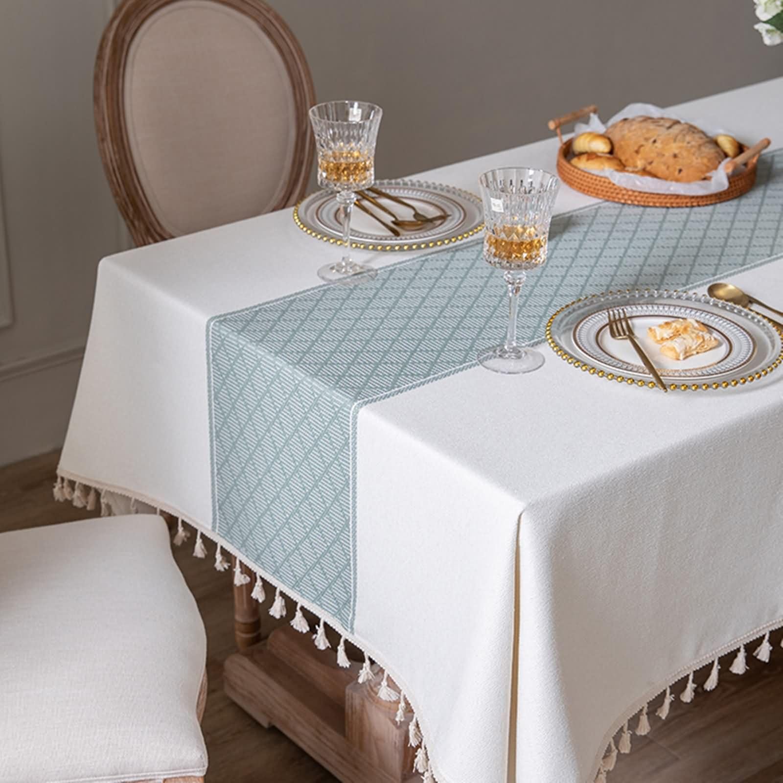 Mantel Moderno Rectangular Blanco, Patrón de Rombos con Borlas, de Poliéster y Algodón Suave, 140 x 220 cm, Mantel para Mesa de Centro