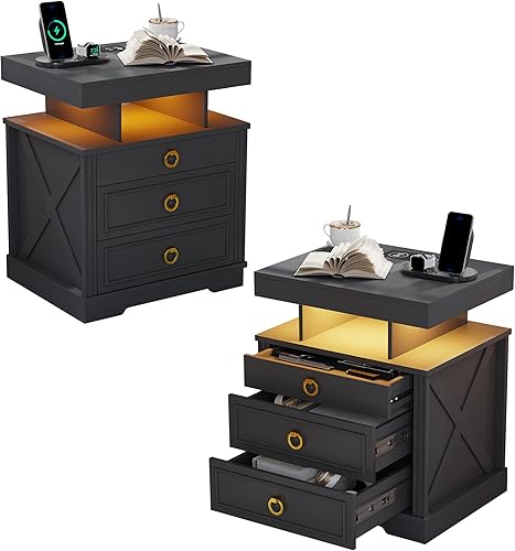 Miniatura 13 de Juego de 2 mesitas de noche con cajón para pistola para sala de estar, moderna mesita de noche con estación de carga inalámbrica para dormitorio 2