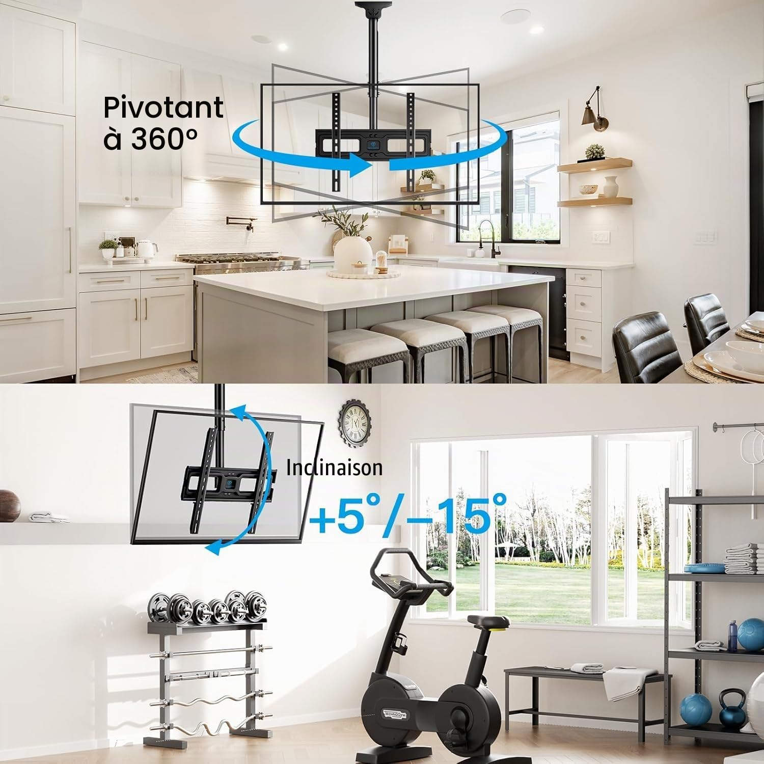 Support TV Plafond - Support de Téléviseur Inclinable et Pivotant Ajustable pour l’Écran de 26 à 65 Pouces - Support de Toiture Full-Motion Supporte 50 kg avec VESA 400 x 400mm
