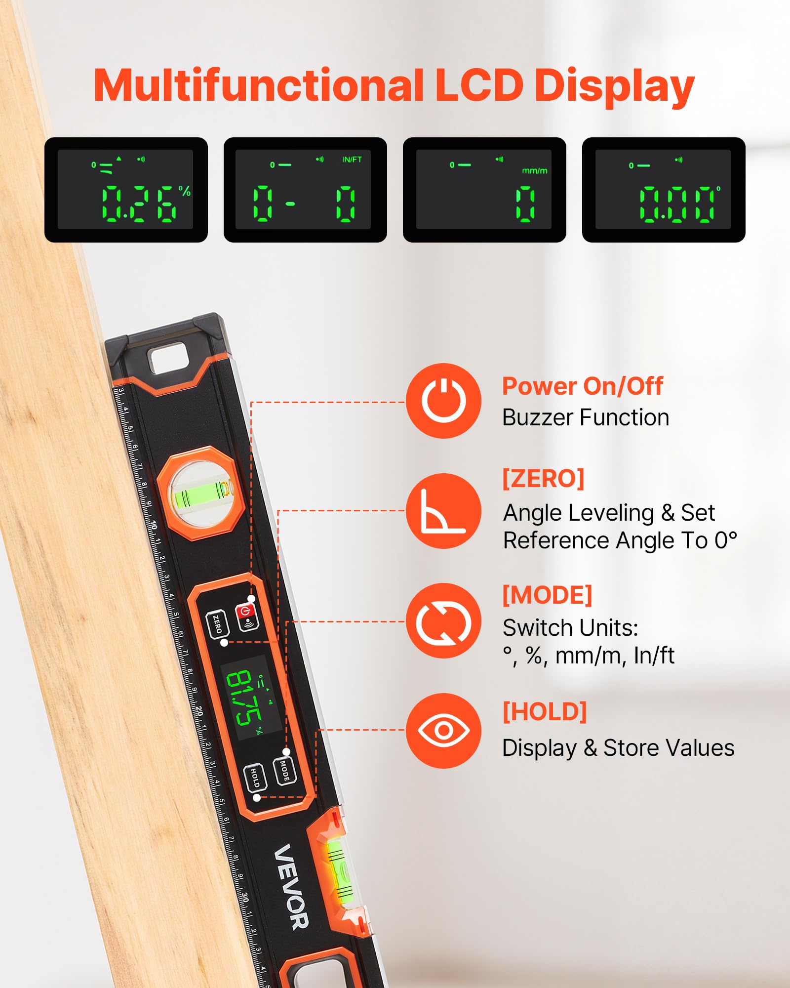 VEVOR Niveau Électronique 600 mm, Niveau à Bulle Numérique Magnétique 360° pour Construction, Bricolage, Menuiserie et Rénovation, avec Écran LED Rétroéclairé et Fioles 0°, 45°, 90°, Indice IP54