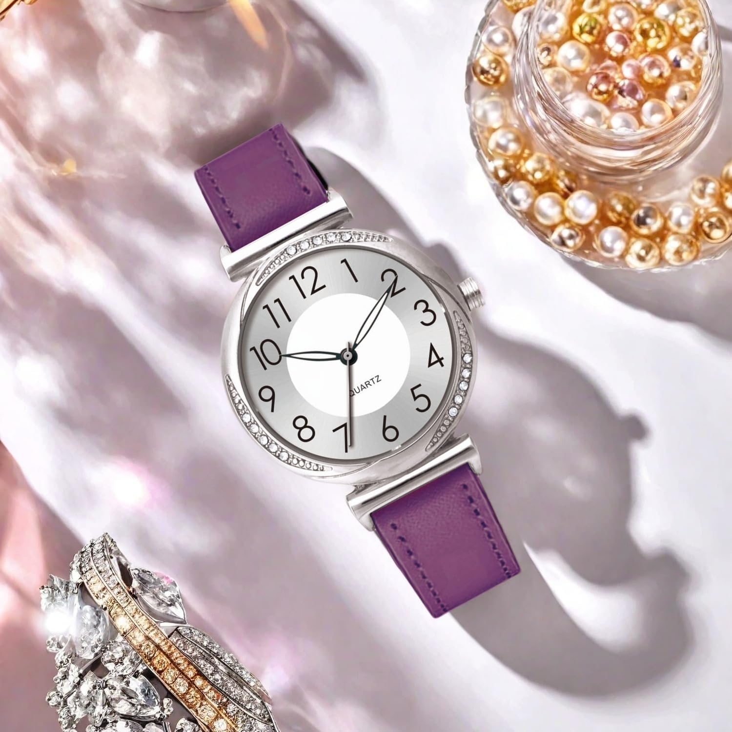 NUOVO Women's Watch Ladies Quartz Watch with Crystal Accents Purple Leather Band Silver Dial - Image 5