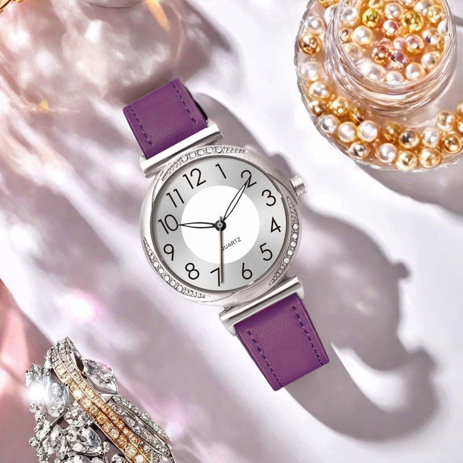NUOVO Reloj de pulsera para mujer, esfera plateada, correa de cuero, reloj clásico de negocios simple, informal, de cuarzo, vestido