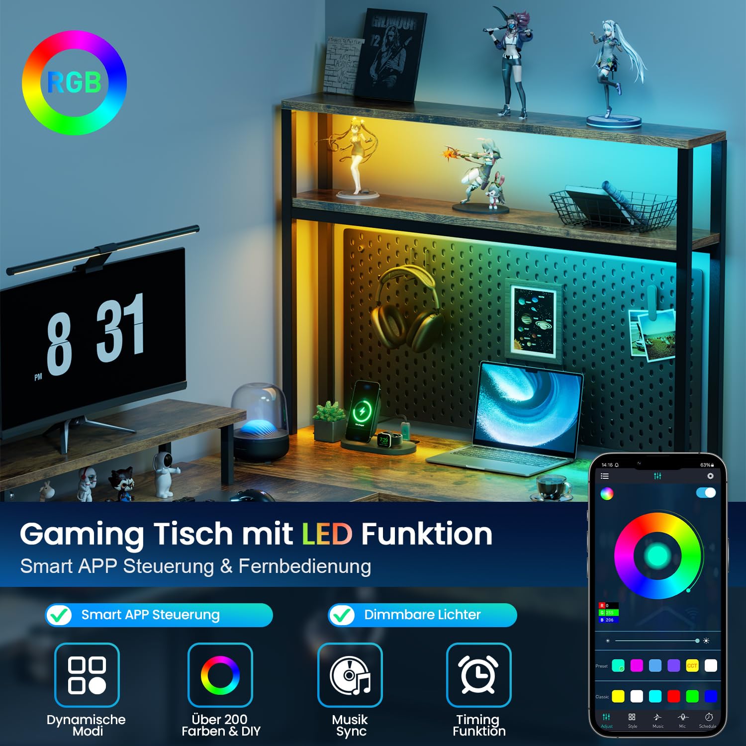 HLONONE Stolik gamingowy z LED, 150 x 100 cm biurko gamingowe w kształcie L, z 3 gniazdami wtykowymi i 3 portami USB, odwracalny biurko narożne z szufladą i ze stojakiem na monitor, brązowy | Stolik narożny ze stojakiem na ekran, torbą do przechowywania i