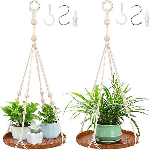 Paquete de 2 macetas colgantes, estante colgante para plantas con cuentas de madera y bandeja de madera para interiores y exteriores, decoración