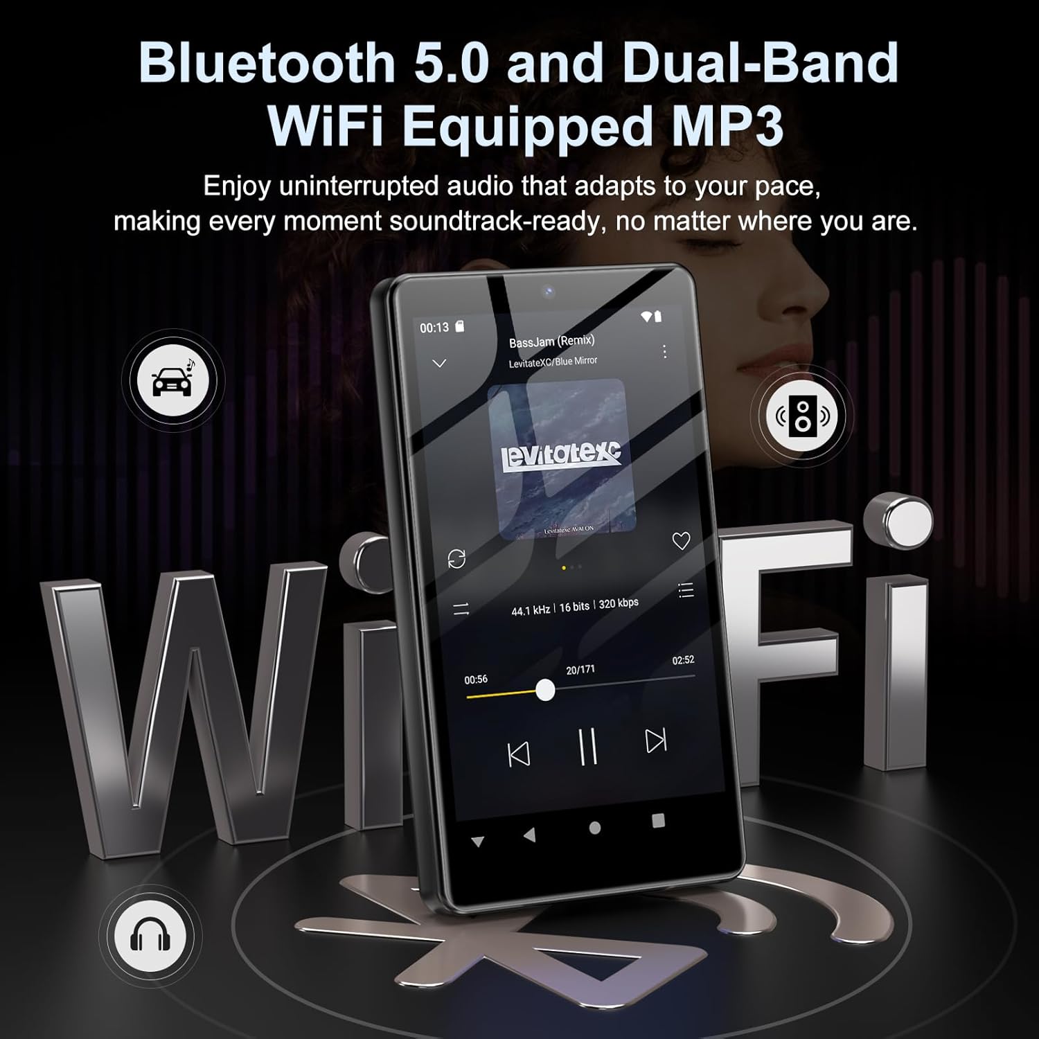 Oilsky M305 MP3 Player with icons representing Bluetooth and WiFi connectivity.