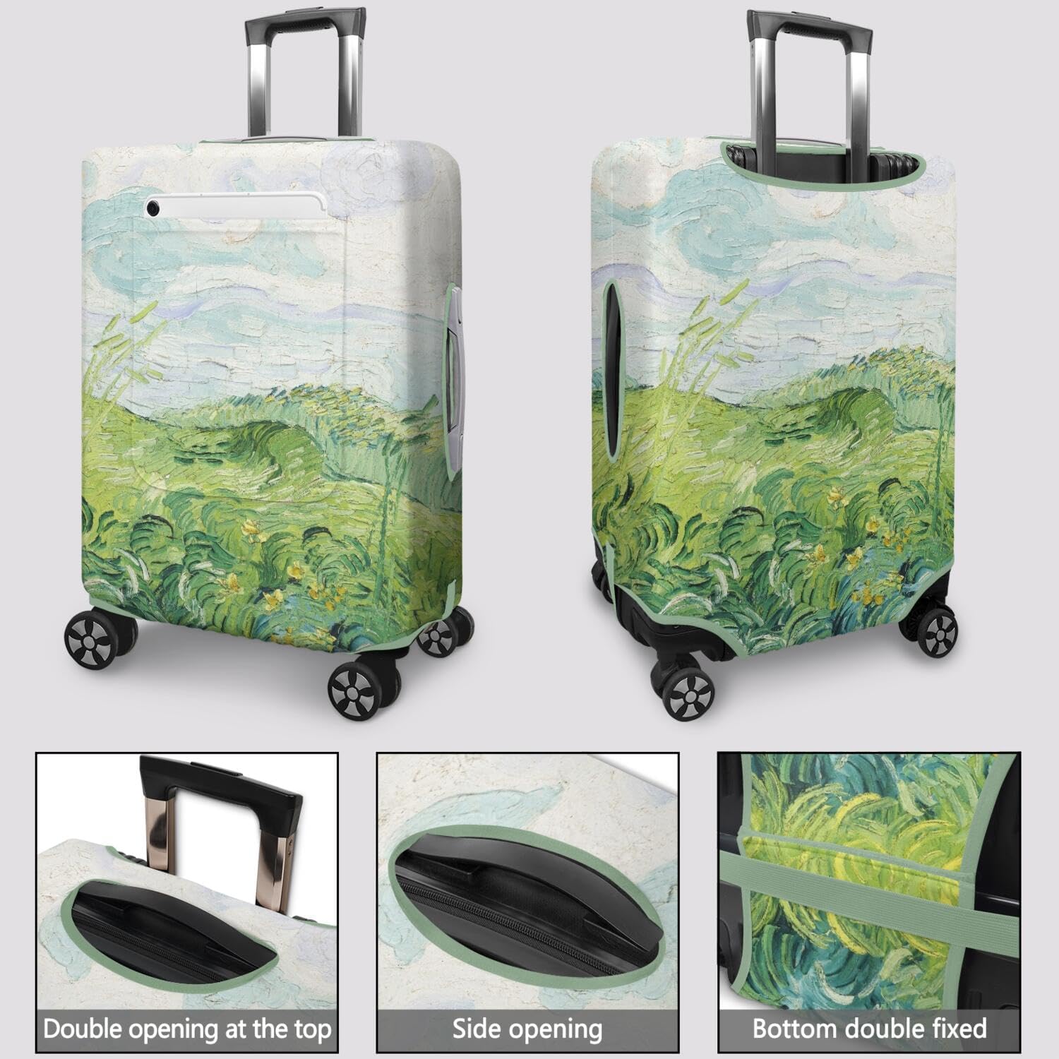 Travel Luggage Cover for Suitcase Fits 18-32 Inch Luggage Green Wheat Fields, Auvers by Vincent Van Gogh Famous Painting Luggage Protector with Pocket Elastic Anti-scratch Suitcase Cover M