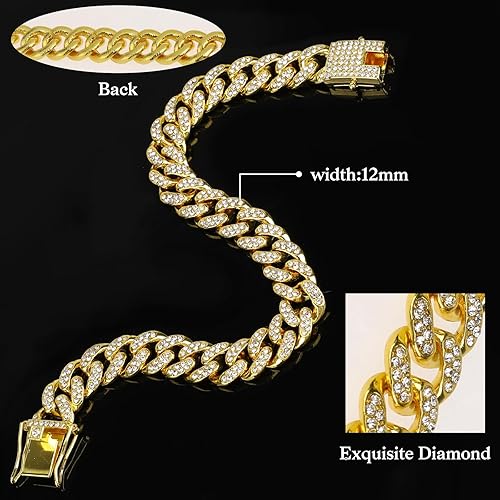 Miniatura 3 de Lusofie Collar de perro con cadena de diamantes, collar de metal para cachorros con diseño de hebilla segura, collar cubano para mascotas,