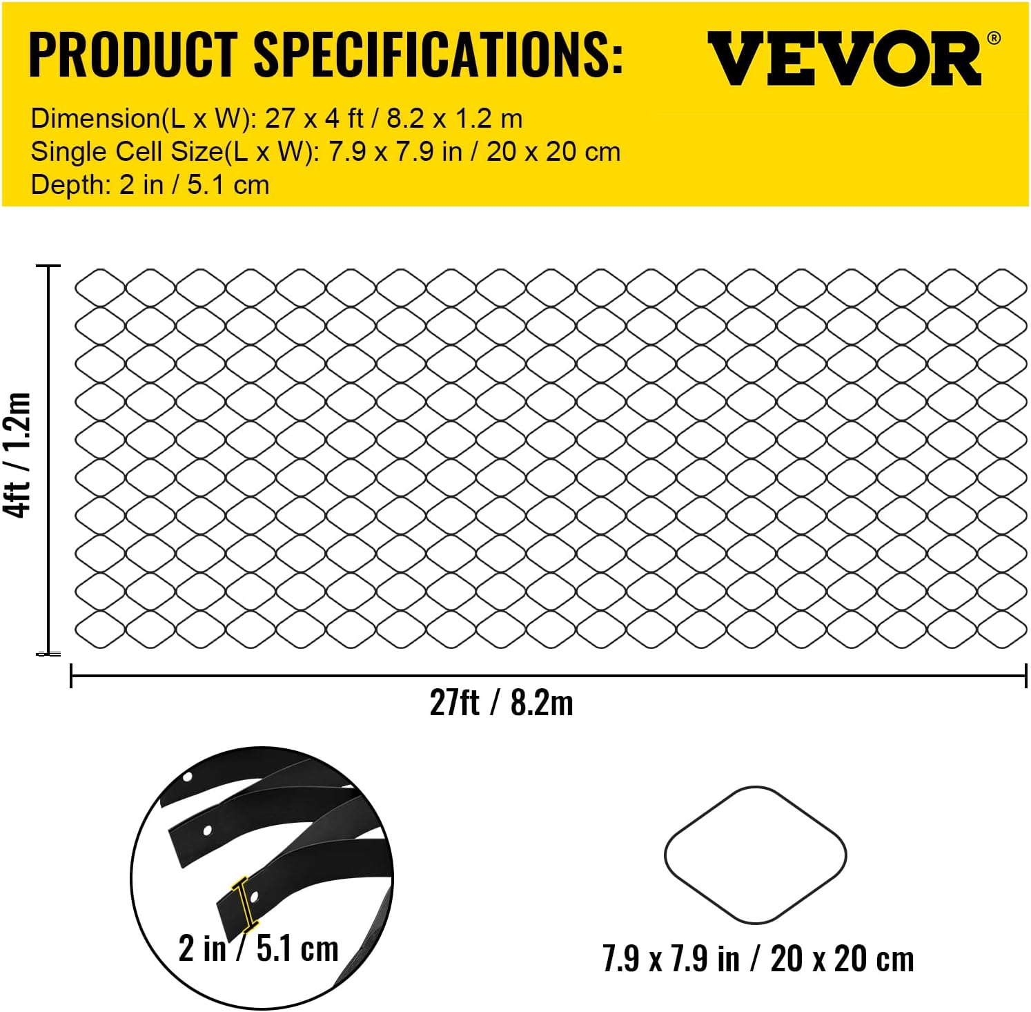 VEVOR Ground Grid 27 ft x 4 ft, 1885 lbs per Sq Ft Load Geo Grid, 2" Depth Permeable Stabilization System for DIY Patio, Walkway, Shed Base, Light Vehicle Driveway, Parking Lot, Grass, and Gravel