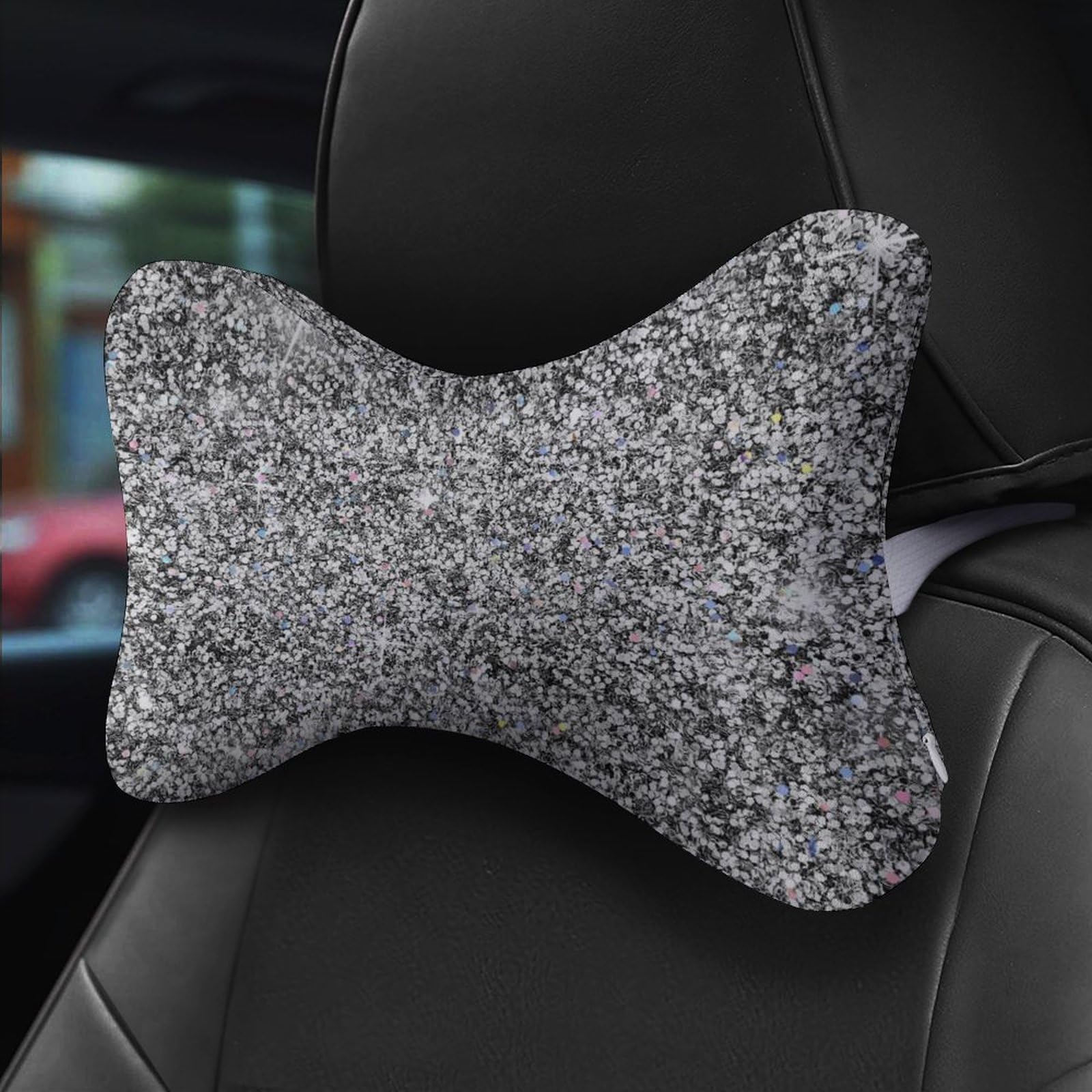 SMAZDFXX Glitter Silver Car Neck Pillow Set of 2 Car Seat Head Support Cushion Bone Pillows with Elastic Strap