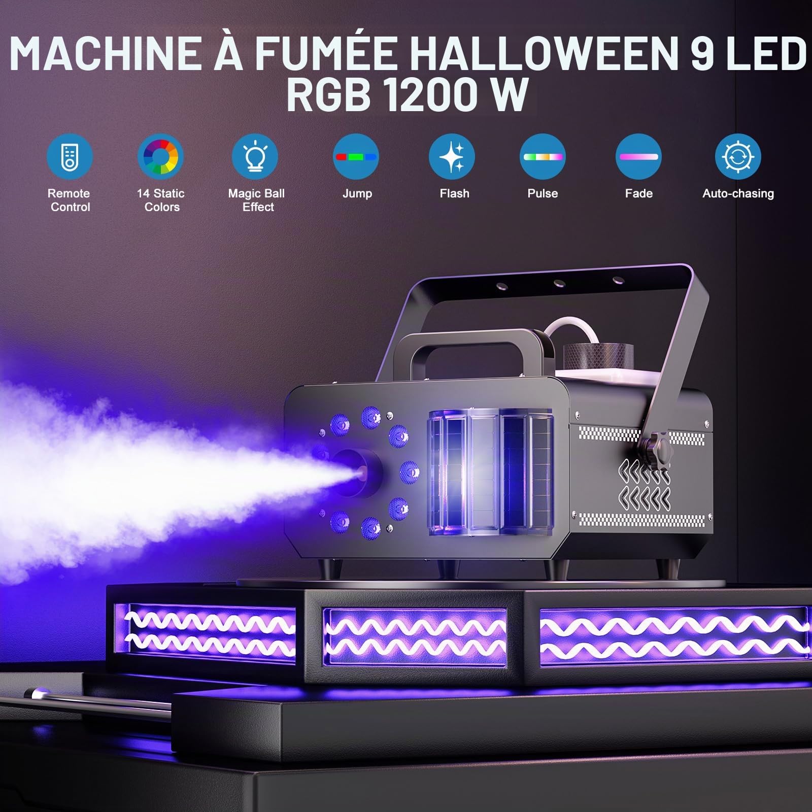 Machine à fumée, 1200 W 3000 CFM Machines à CO2 avec 9 LED RGB Derby et télécommande 14 couleurs statiques Machines à effets pour Halloween Disco DJ Stage Party Wedding (1 pièce)