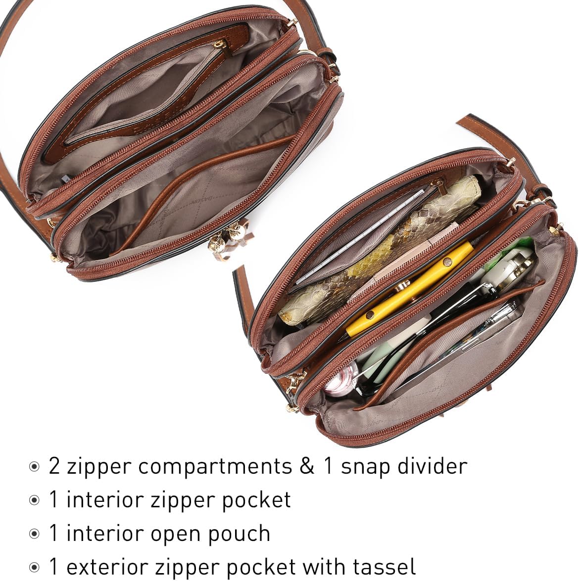 Dasein Women Tassel Zipper Pocket Crossbody Bag Shoulder Purse Fashion Travel Bag with Multi Pockets