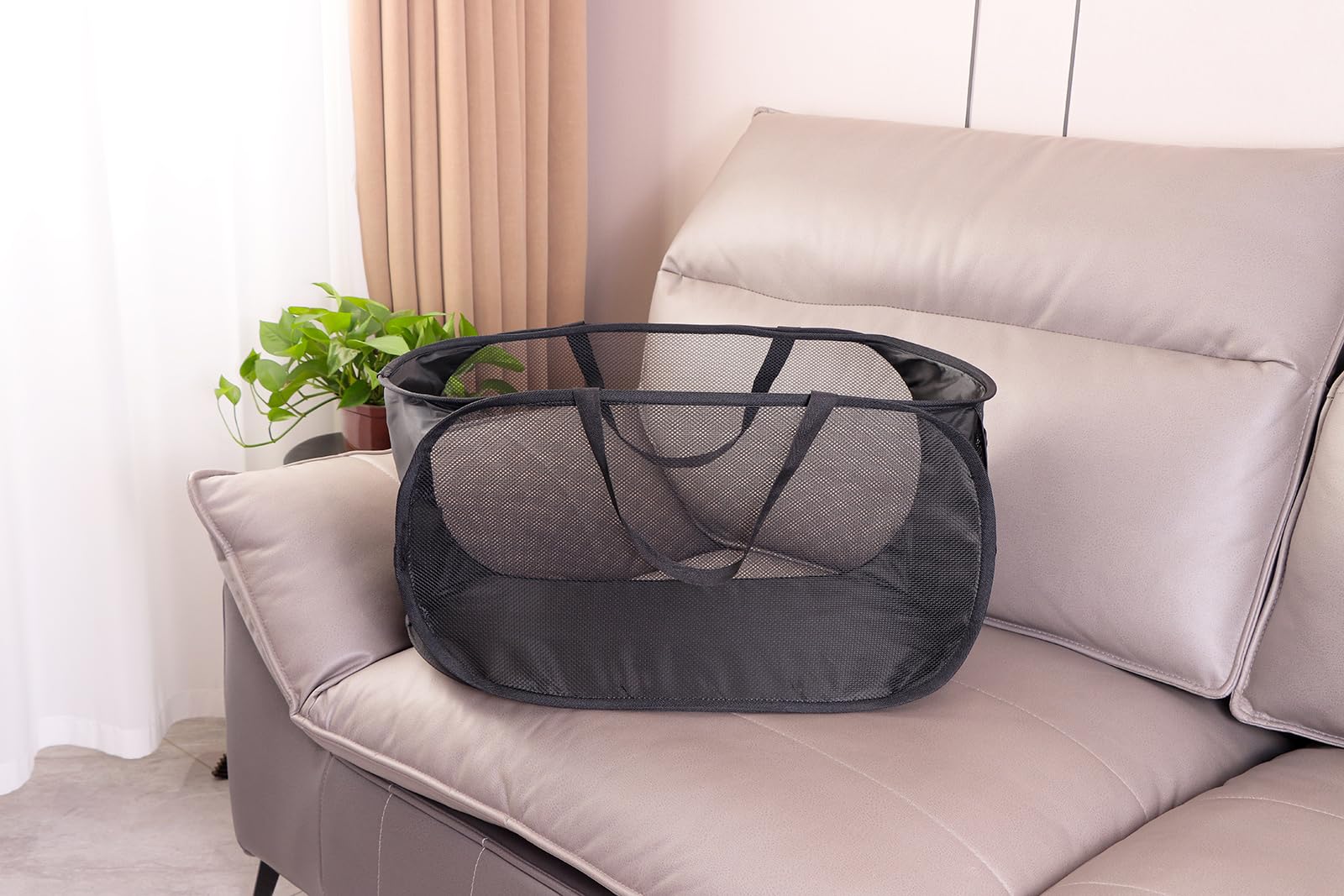 2 Cesti Portabiancheria Pieghevoli In Rete – Manici Rinforzati, 60x36x36 Cm, Nero E Grigio - 3