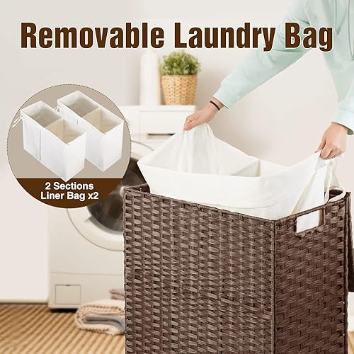 Miniatura 8 de Greenstell Cesto para ropa sucia con tapa, no necesita instalación, cestas de mimbre de 90 litros plegables, 2 bolsas extraíbles, cesta de ropa de 2