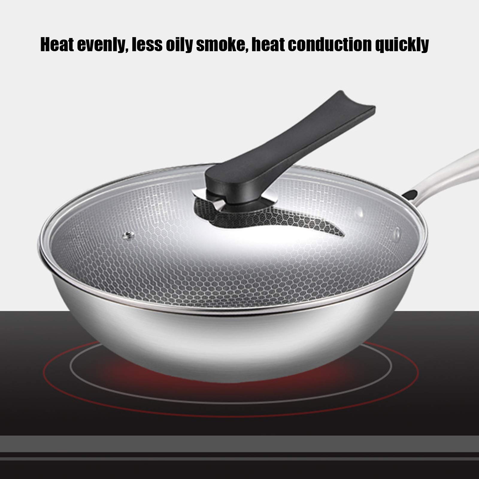 Wok Antiadherente de Acero Inoxidable con Forma de Panal y Tapa de Vidrio Vertical para Gas, Electricidad e inducción, Resistente a rayones, 32 cm
