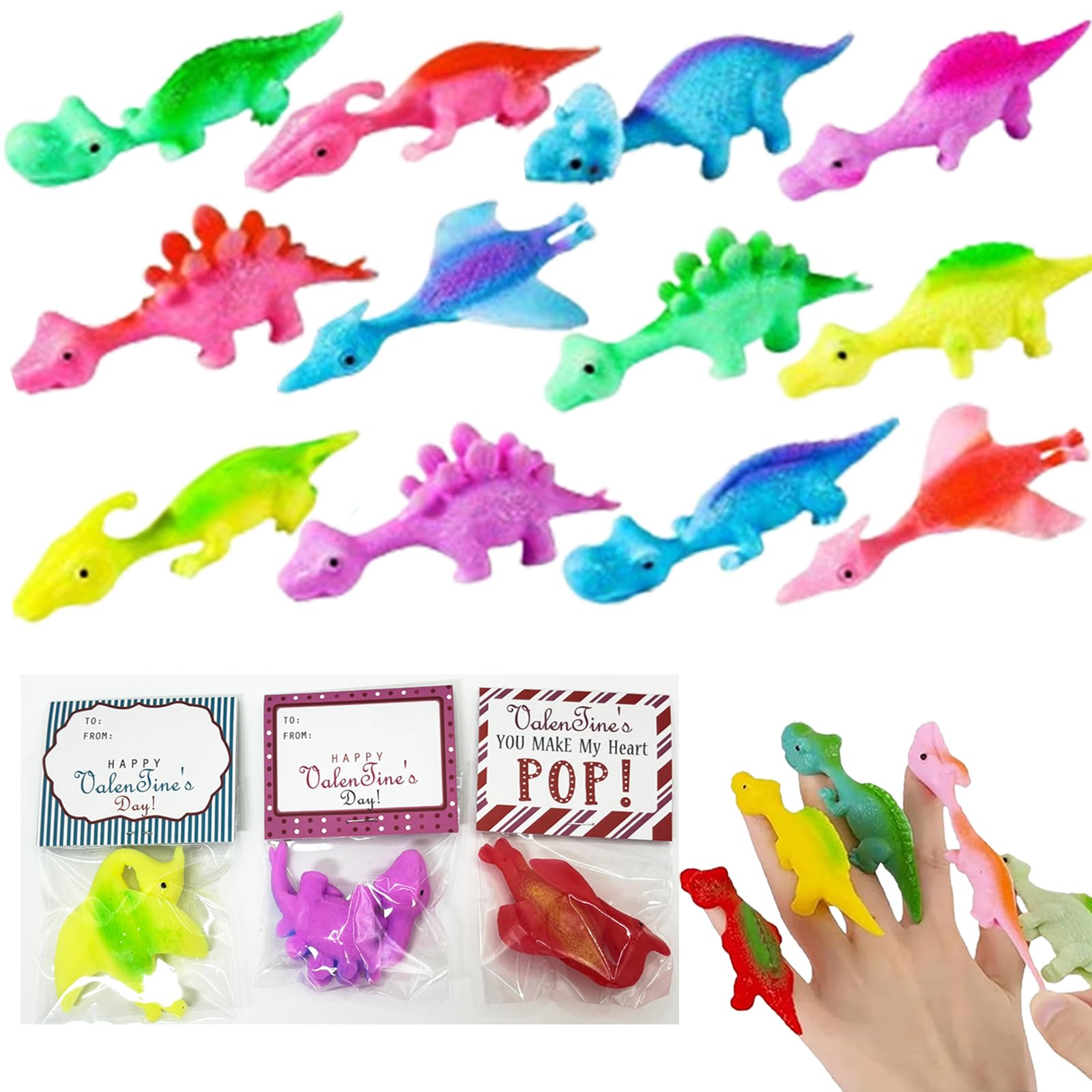 12 Pcs Slingshot Dinosaur Finger Toys - Rubber Catapult Dinosaur, Easter Eggs fillers, Easter Eggs Hunt & Holiday Prizes for Boys Girls