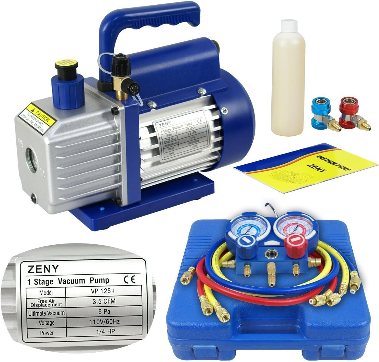 3.5 CFM Electric Single-Stage Rotary Vane Deep Vacuum Pump 1/4HP HVAC A/C Refrigeration Kit AC Manifold Gauge Bundle Kit R134a (3.5 CFM + Manifold Gauge)
