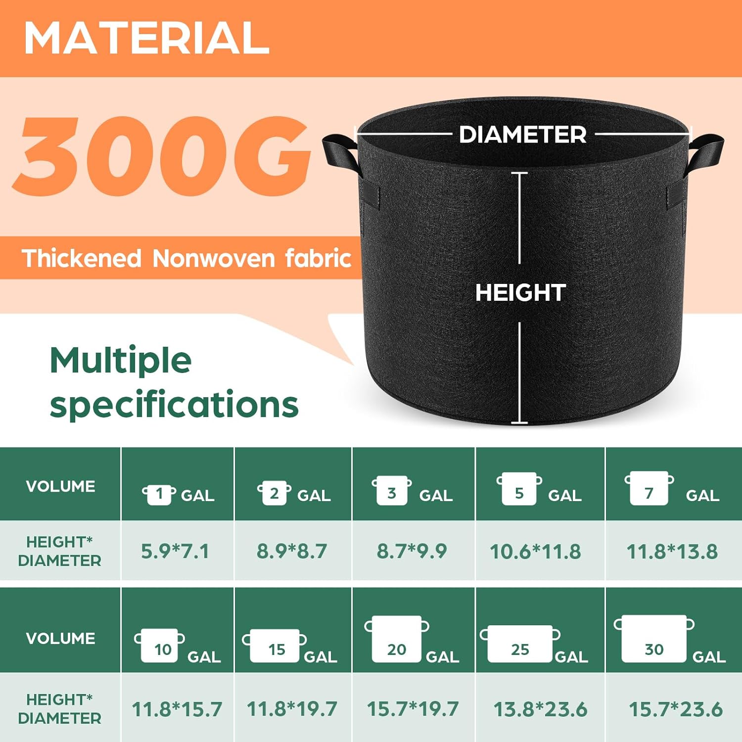 5 Pack 5 Gallon Grow Bags, Thickened Nonwoven Fabric Planter Pots with Handles, Heavy Duty 300G Garden Pots for Tomato, Potato and Vegetable - Image 2