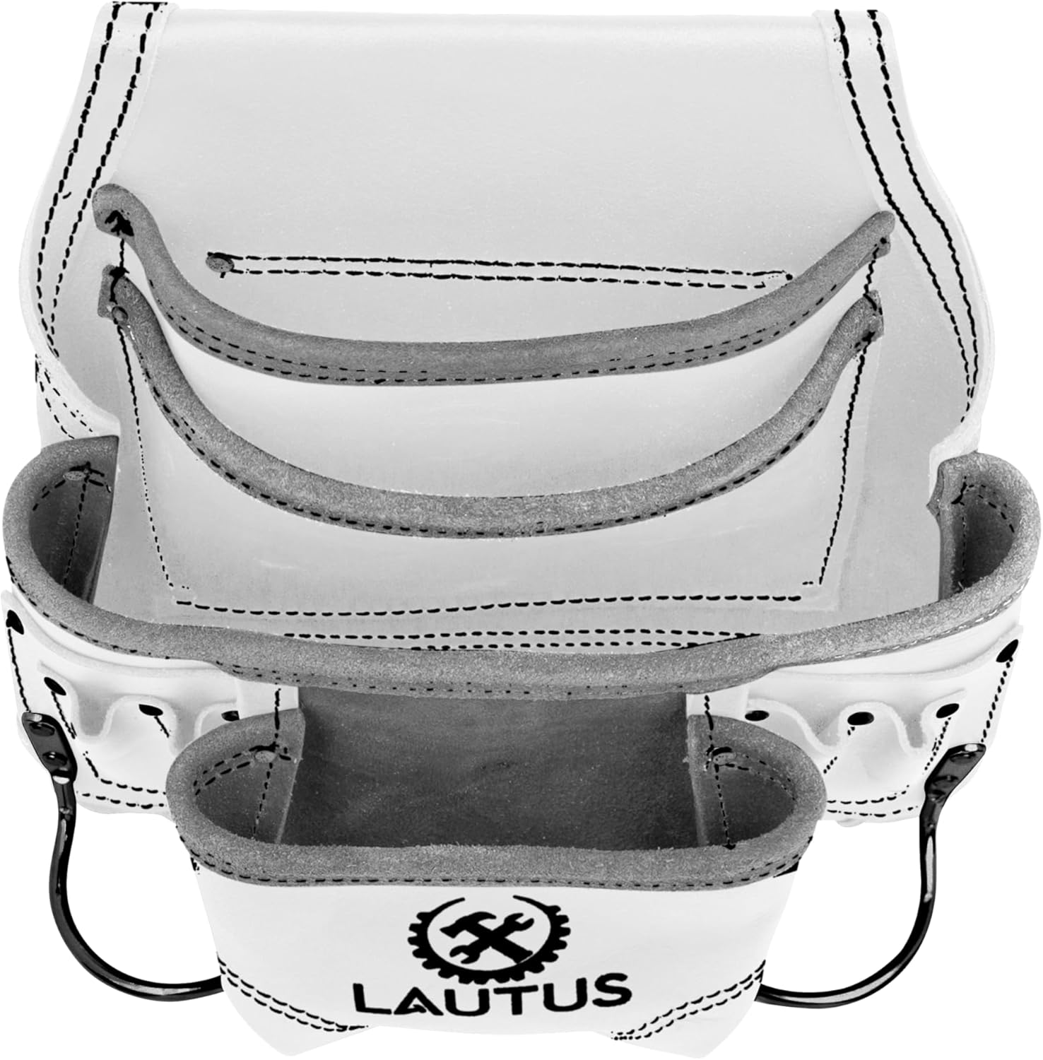 LAUTUS Oil Tanned Leather Tool Pouch Bag | White| Carpenter, Construction, Framers, Handyman | 10 Pockets, 2 Hammer Holders | 100% Leather