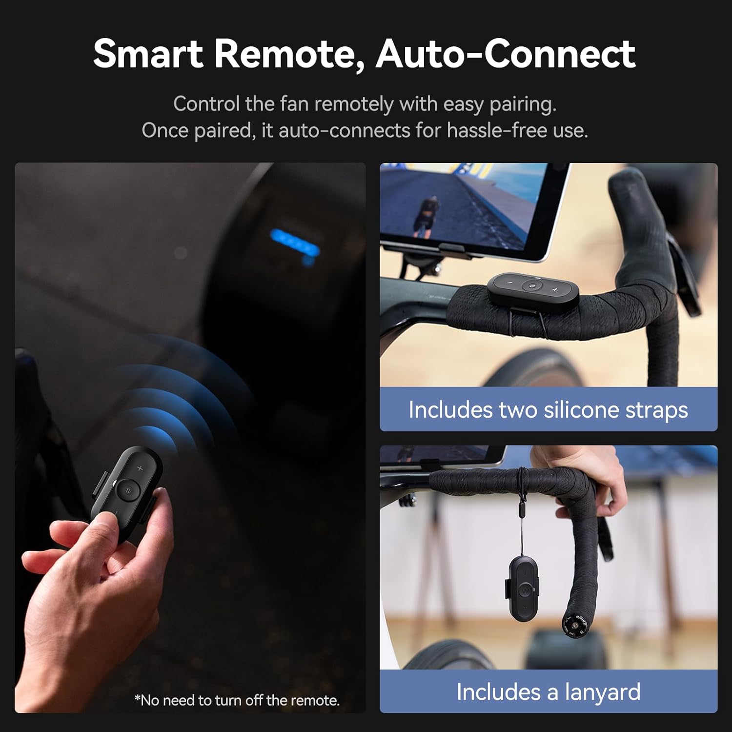 Image showing the CYCPLUS Smart Indoor Cycling Fan F1 remote control, its pairing process, and how it can be mounted on bike handlebars using silicone straps or a lanyard.