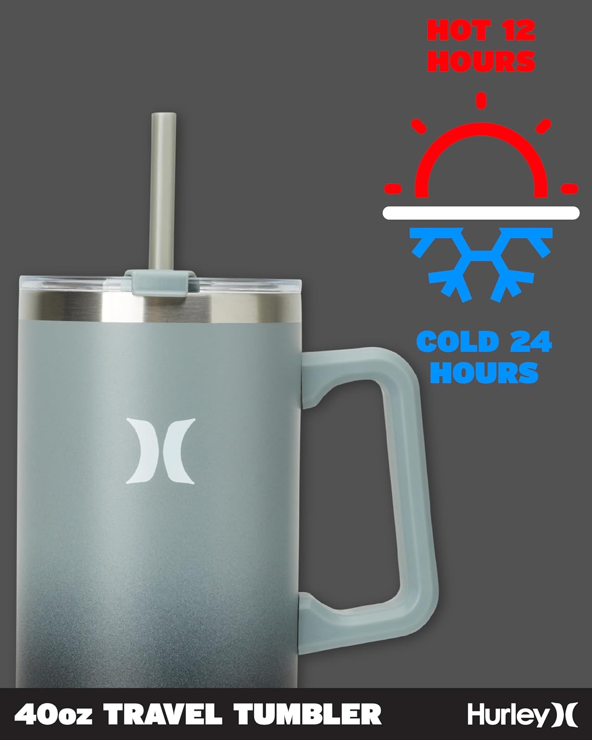 Hurley Tumbler Thermos - 40oz Double Wall Vacuum Insulated Travel Mug with Handle - BPA Free Stainless Steel Water Bottle - Leak Proof Hot and Cold Coffee Car Cup, Size 40 Ounces, Gradient Charcoal