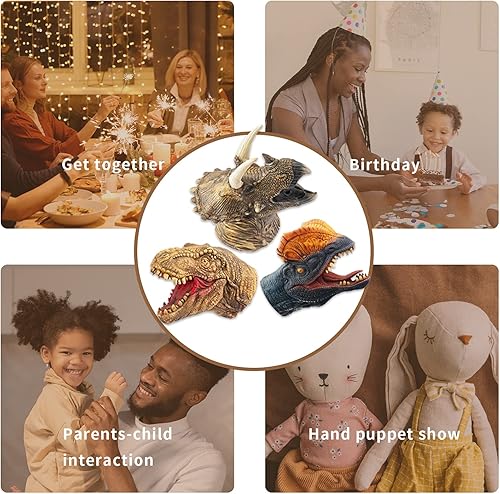 Miniatura 7 de Yolococa Juego de títeres de mano de dinosaurio realista de látex suave con cabeza de animal, juguetes de marionetas de mano, regalo para niños,