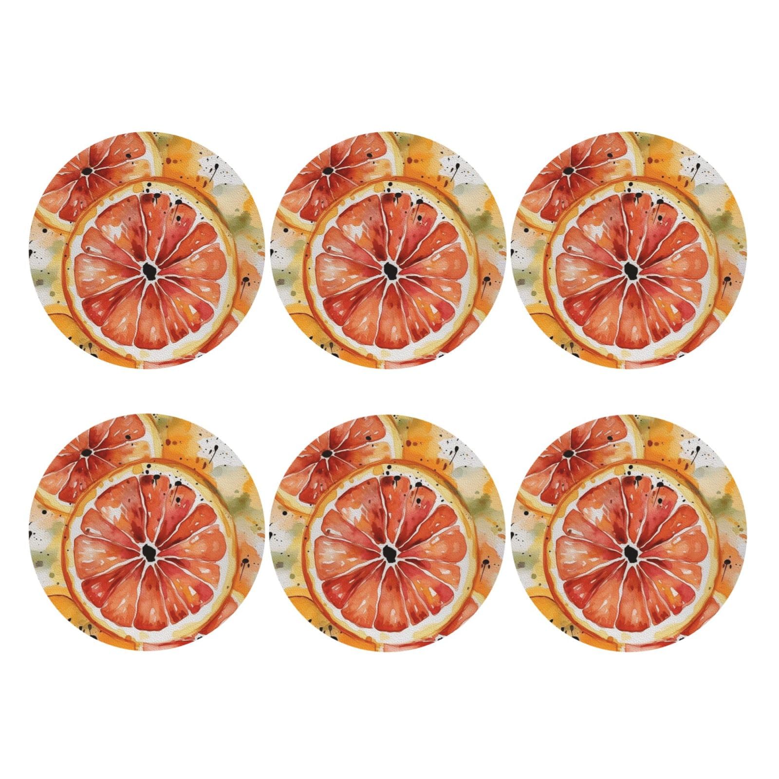 6pcs Leather Coasters for Drinks, Watercolor Orange Slice Drink Coasters for Tabletop Protection, 4" Cup Coasters for Coffee Table Decor, Non-Slip Drinking Cup Mat for Hot Or Cold Drink