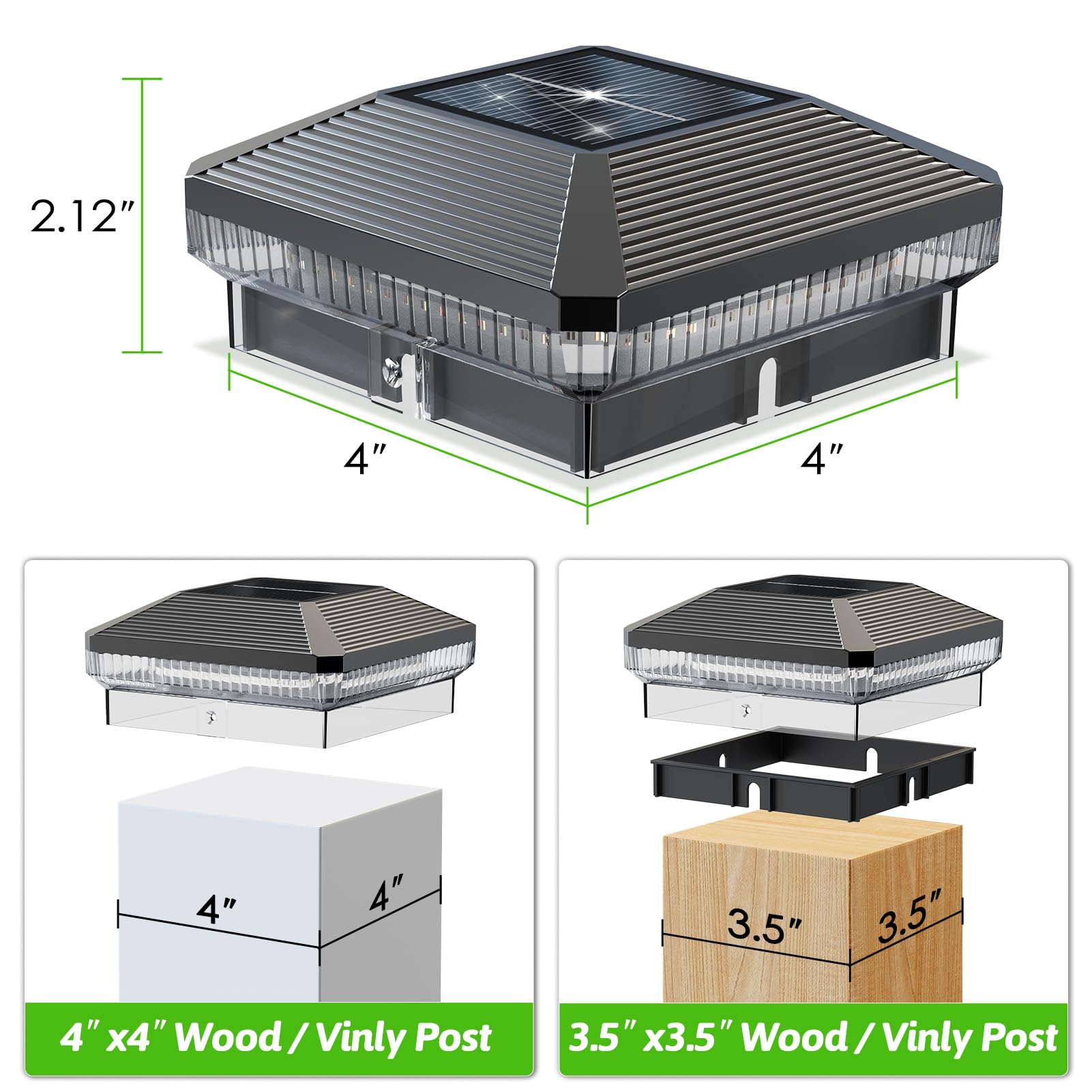 4 Stück Solar-Pfostenkappenleuchten für den Außenbereich, hellere 40 LEDs mit 3 Modi, wasserdichte Deck-Zaun-Pfostenlichter, solarbetrieben für 3,5 x 3,5 und 4 x 4 Holz-/Vinyl-Pfosten
