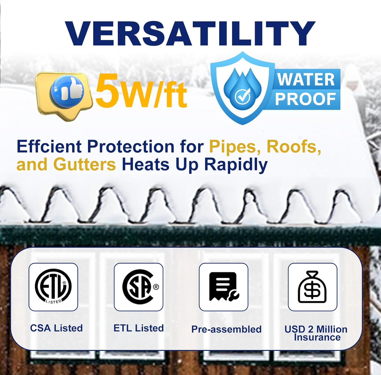 HEATIT HIRD 30 feet Roof & Gutter Snow De-Icing Kit, 5W/ft Heat Tape for Roof and Gutters Ice Dam Prevention with 6 ft Power Cord