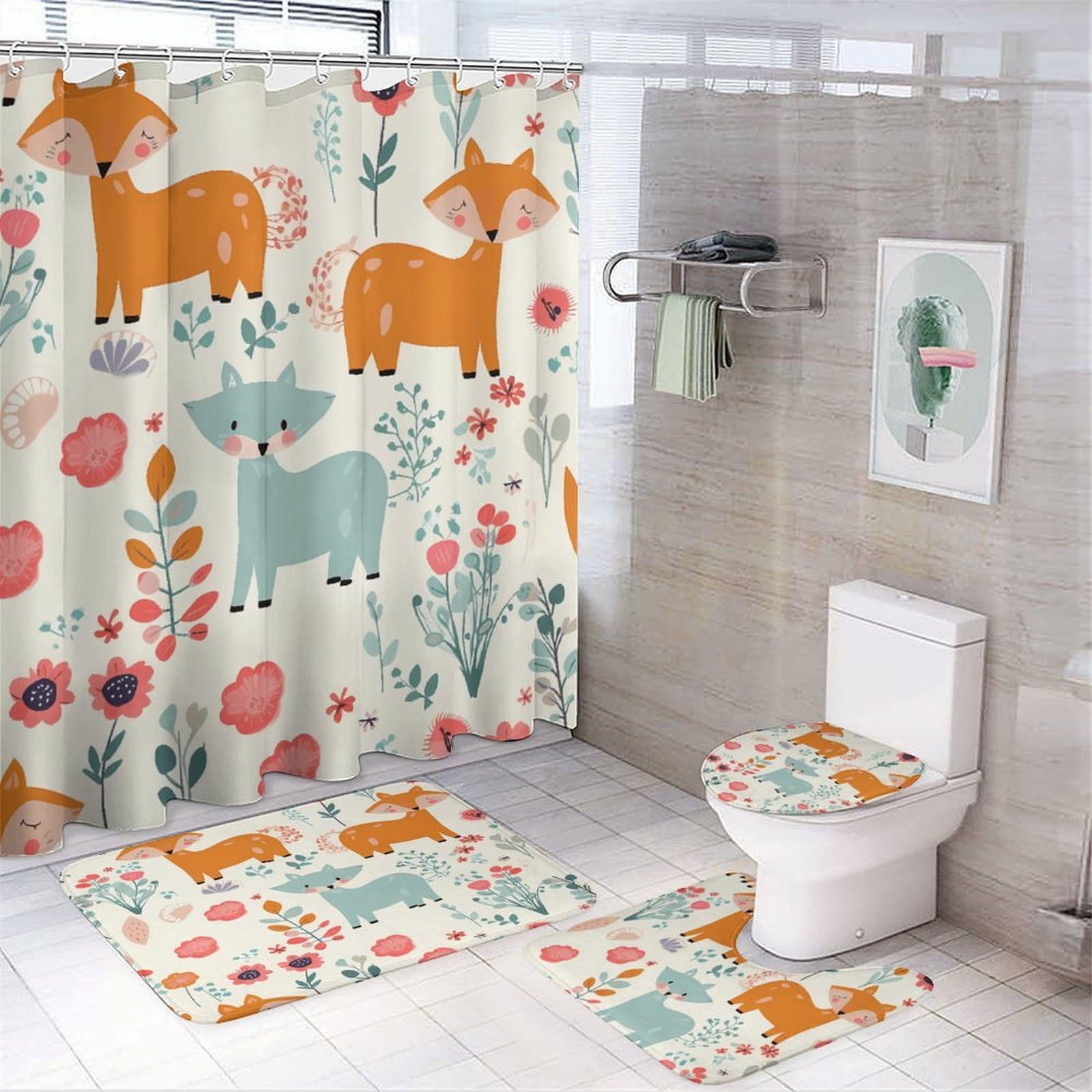Rideau de douche floral et tapis antidérapant pour éliminer les éclaboussures et les glissades