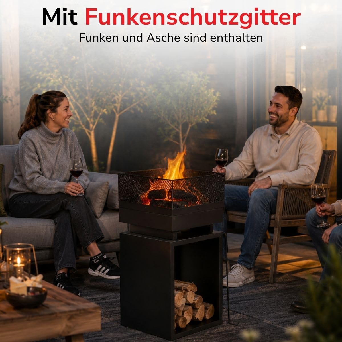 BBQ Collection Feuertonne mit Funkenschutz - Feuerkorb 39 x 39 x 85 cm - Gartenkamin für Brennholz - Terrassenofen mit Schürhaken und Brennholzlager - Deko Terrasse - Karbonstahl
