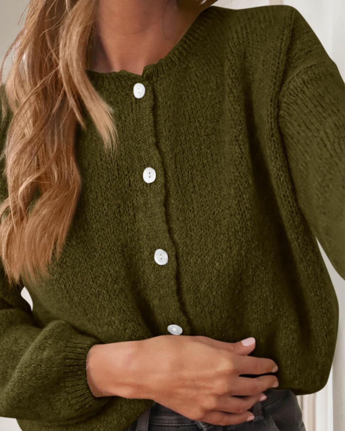 KIRUNDO Women’s Cardigans Casual Loose Button Up Long Sleeve Crewneck Knit Cardigan Sweaters Open Front Outerwear Coats - Image 4